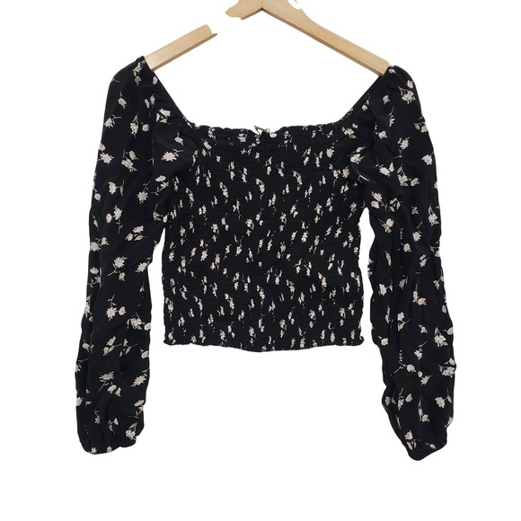 American Eagle Outfitters Tops - American Eagle Smocked Peasant Top Womens Small Black Floral Long Sleeve Crop